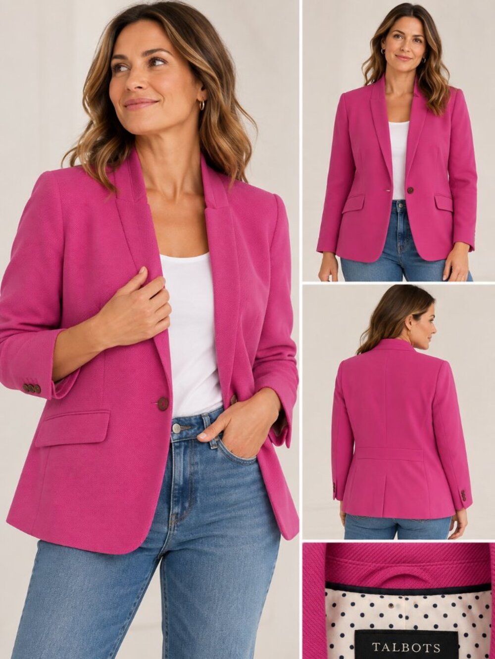 Talbots Pink Fuchsia Blazer Size 18 Polka Dot Lined Single Button Jacket
